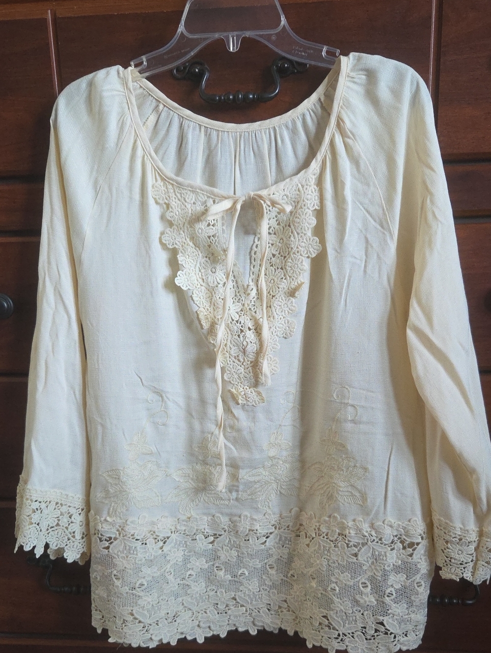 Women's Cream Lace-Trim Peasant Top